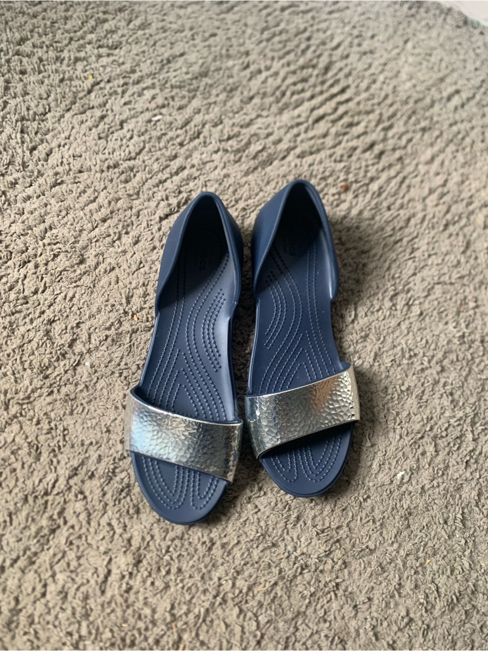 CROCS Navy and Silver Open-Front Women's Flats